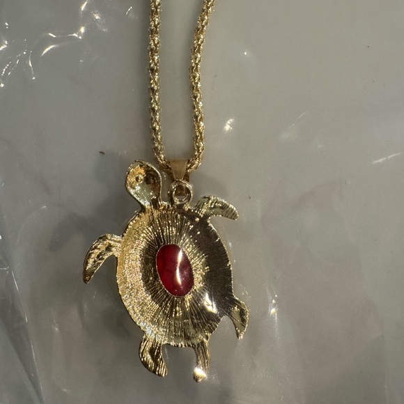 Gold Turtle Pendant Necklace with Red Stone and Earring Set - Picture 3 of 5